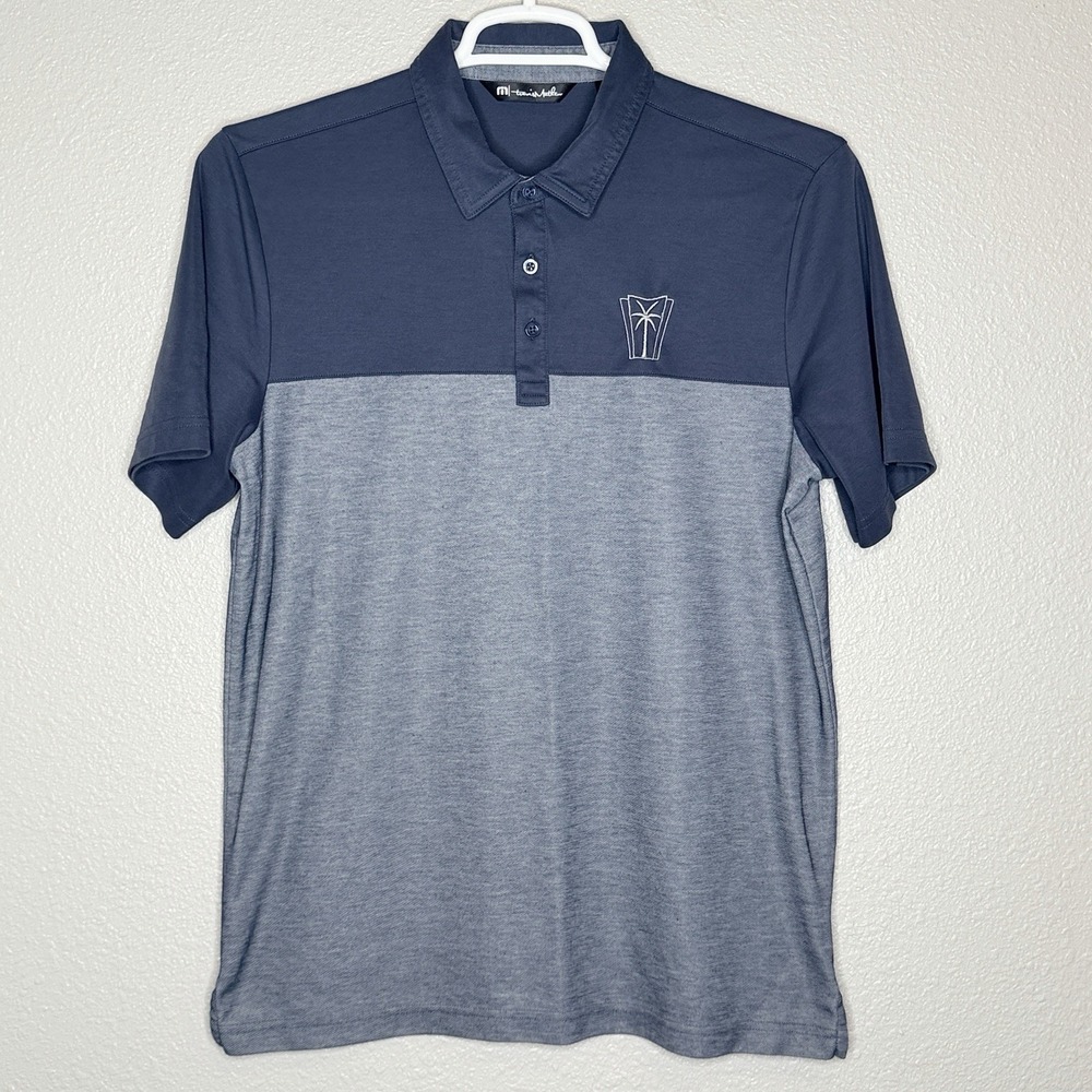 TravisMathew Polo Shirt Mens Large Navy Light Blue Colorblock‎ Palm Logo Golf
